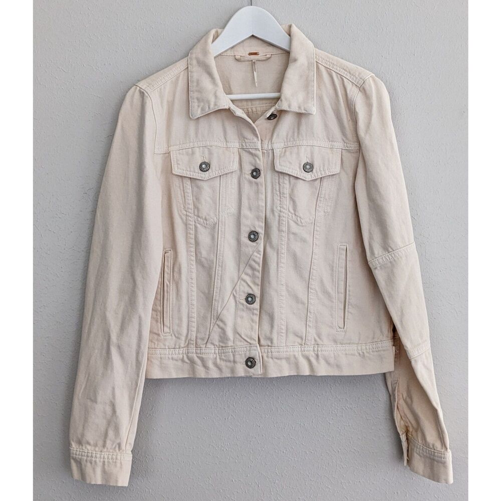 Free People Rumors Denim Jacket Cream Button Up Pocket Womens Small Cotton EUC